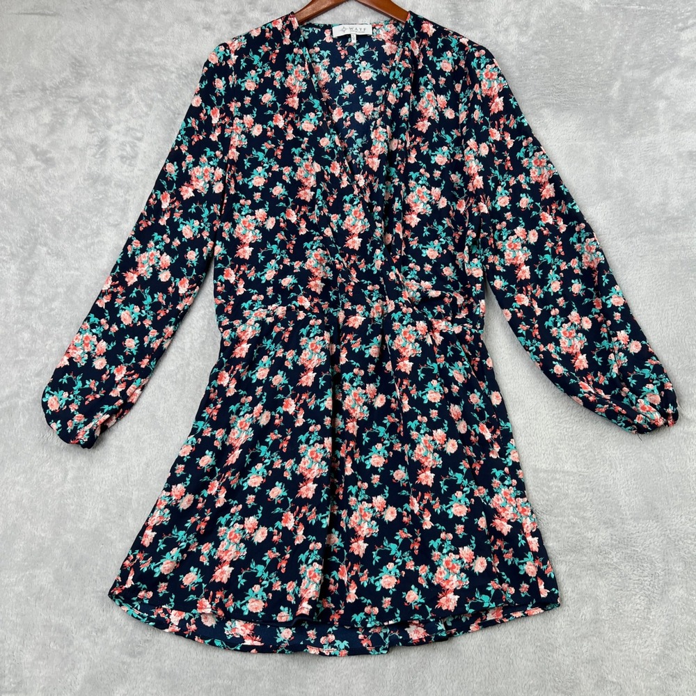 WAYF‎ Floral Wrap Front Mini Dress Size L Navy Blue Women Long Sleeve Romantic